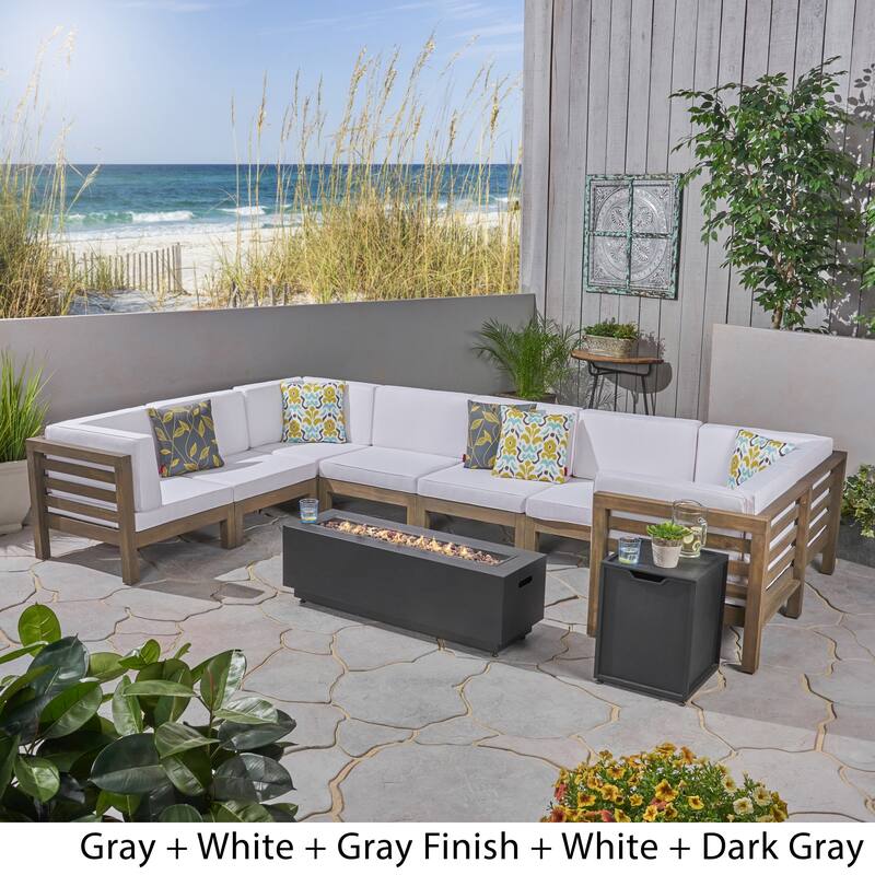 Malawi Outdoor 10-Piece U-Shaped Acacia Wood Sectional Sofa Set with Fire Pit by Christopher Knight Home