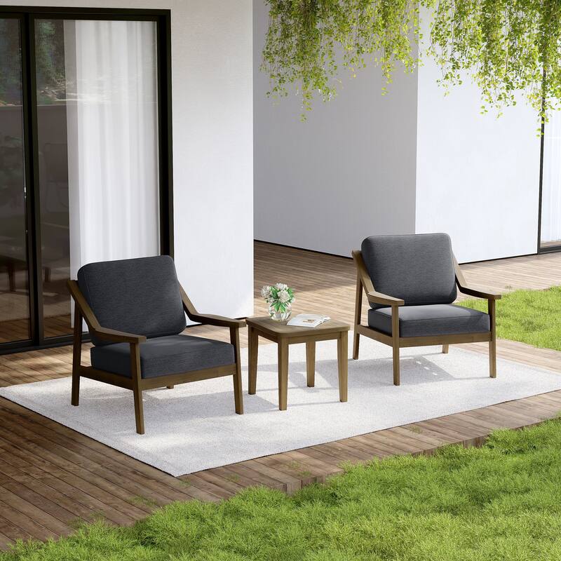 Outdoor Wood Cushioned Patio Set of 2 Accent Chair with Side Table