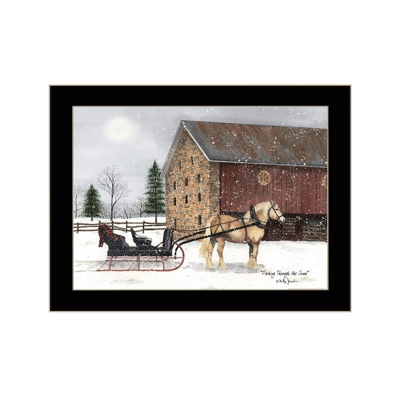 TrendyDecor4U Traditional "Dashing Through The Snow" Framed Print Wall Art by Billy Jacobs - Winter Colors , White, Red - 14 x 18 - Black