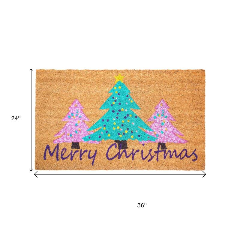 HomeRoots 24" X 36" Brown Green And Pink Christmas Trees Merry Christmas Outdoor Coir Door Mat - 24.00' X '36.00