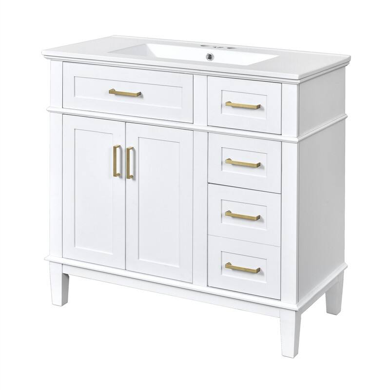 36" Bathroom Vanity with Ceramic Sink, Freestanding Bathroom Vanity Cabinet with 2 Soft Close Doors and 4 Storage Drawers