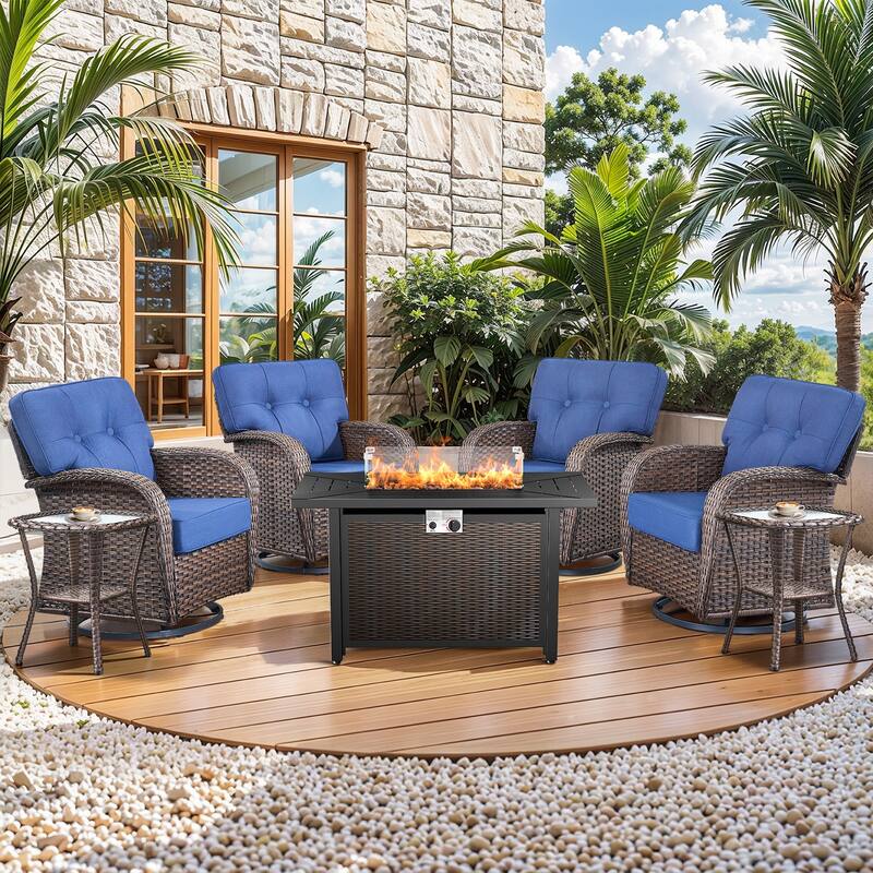 Pocassy Outdoor 43 In Fire Table with Sofa Patio Swivel Chair Set - Brown Wicker Blue Cushion - 6-Piece Swivel Chair Table with Fire Pit Table