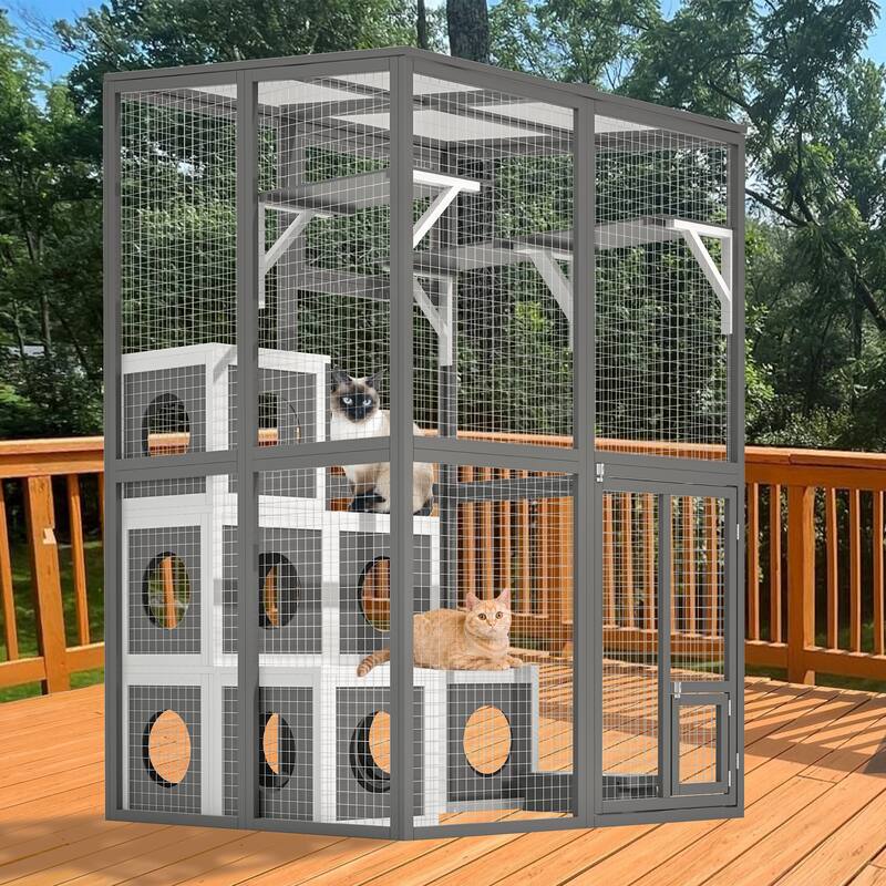 Grey Wood Outdoor Cat Cage Playpen with 7 Condos and Jumping Platforms