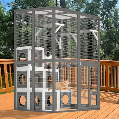 Outdoor Wooden Cat Catio - Large Walk-In Playpen with 2 Platforms & 7 Napping Houses, Grey