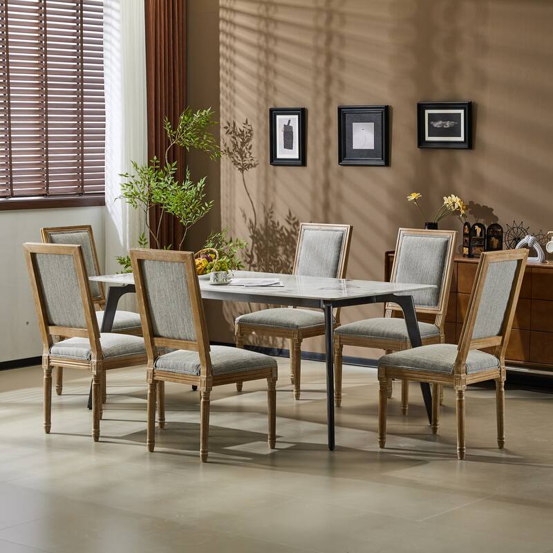 [Set of 6] French Country Dining Chairs-Elegant Cane Backrest & Upholstered Seats with Fluted Legs - Solid Rubberwood Frame - Grayish Green