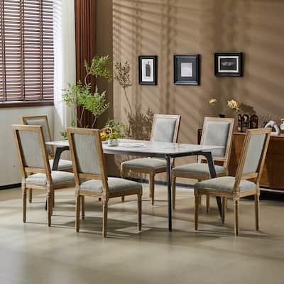 [Set of 6] French Country Dining Chairs Elegant Cane Backrest & Upholstered Seats with Fluted Legs Rustic Weathered Finish Solid
