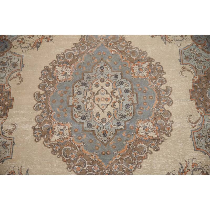 Hand Knotted Oriental 100% Wool Carpet Traditional Medallion Beige & Ivories Tabriz Area Rug - 12' 10'' X 9' 2''