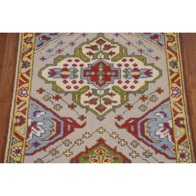 Geometric Beige Kazak Oriental Rug Hand-Knotted Wool Carpet - 2'7"x 6'1"