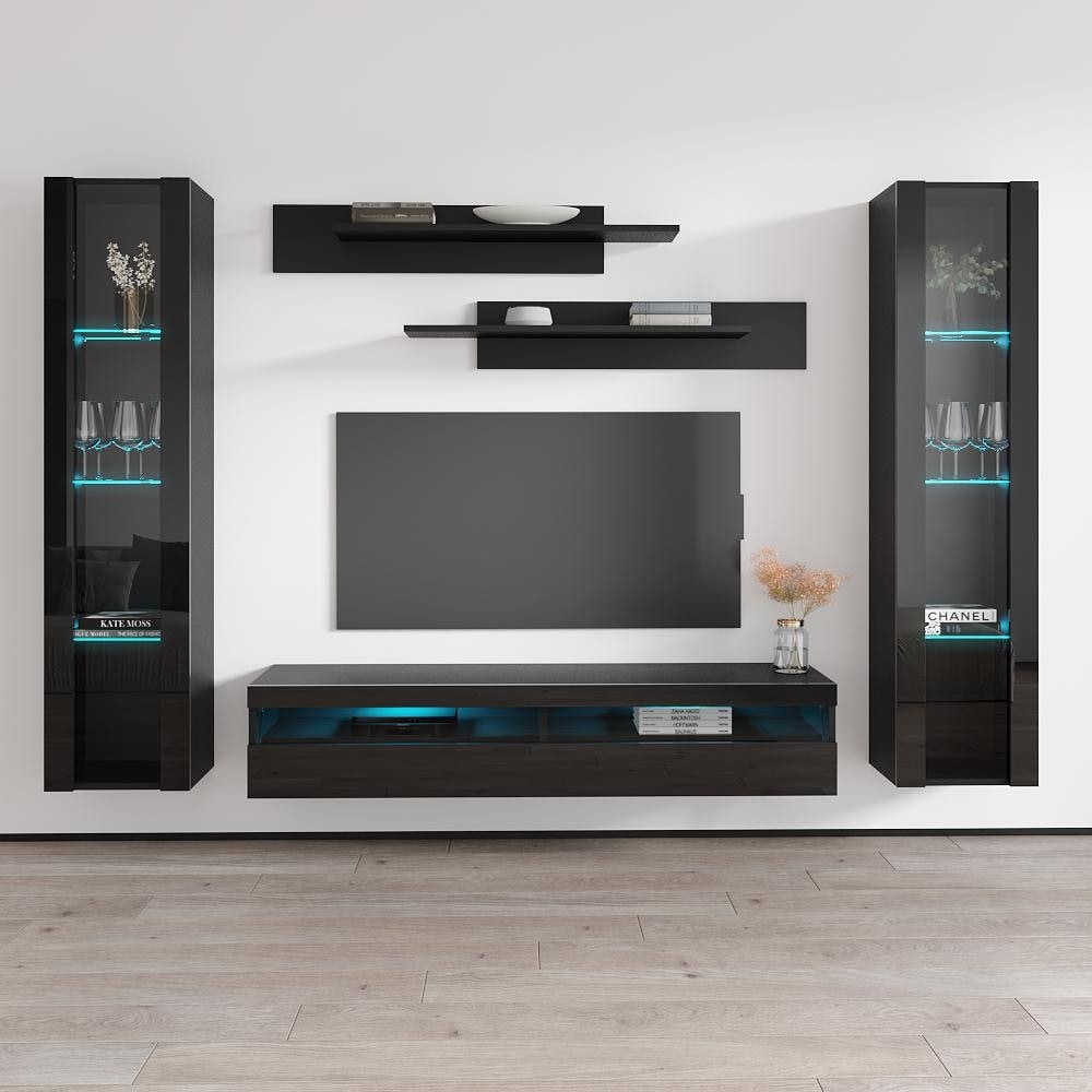 Meble Furniture Fly AB2 Wall Mount Ent Center w/LED & Hi-Gloss Cabinets for up to 65" TVs