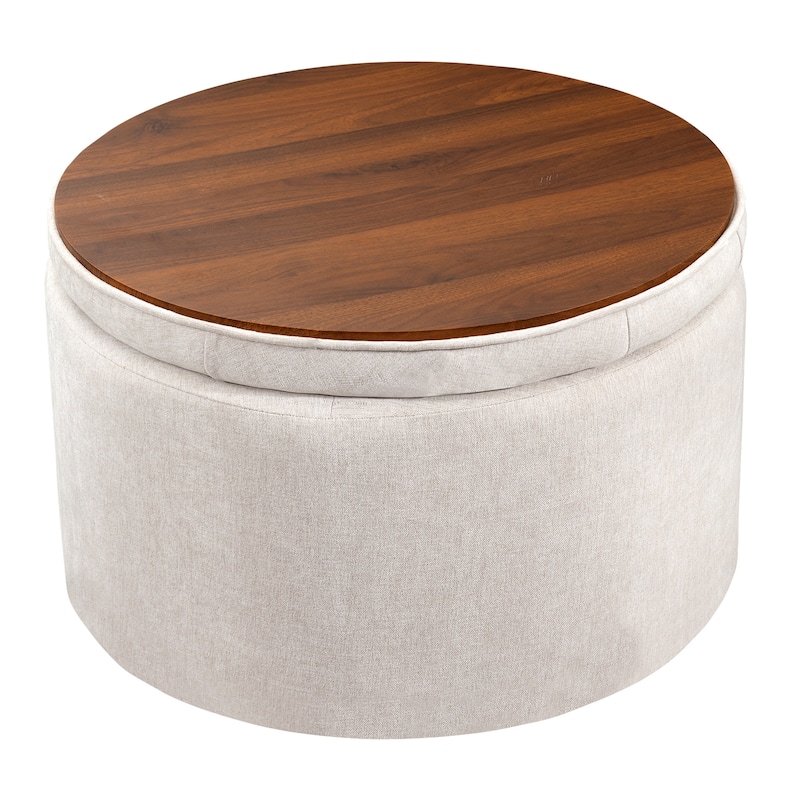 Adeco 24" W Round Tufted Storage Ottoman with Reversible Tray Lid