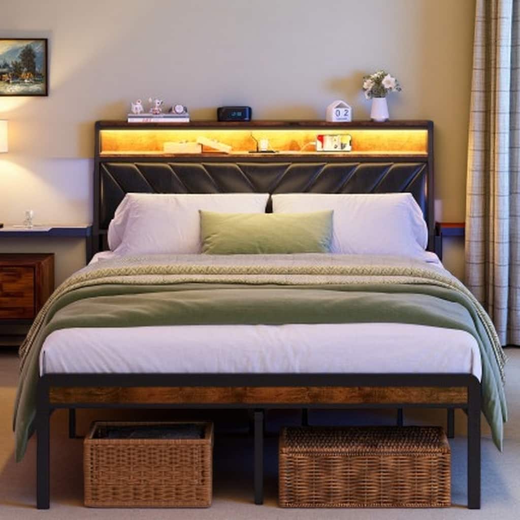 Full Size Platform Bed Frame with 105° Tilted Upholstered Headboard, RGB LED Lighting, Charging Station, Noiseless Design