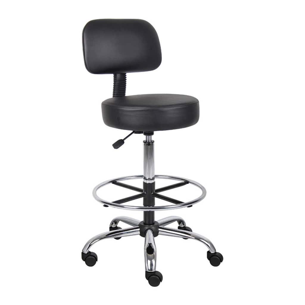 Fea Medical Drafting Stool, Black Vinyl, Low Back and Padded Seat, Chrome