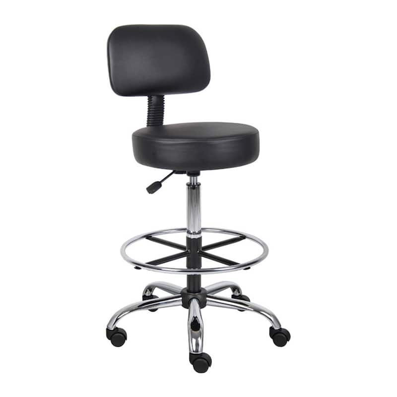 Fea Medical Drafting Stool, Black Vinyl, Low Back and Padded Seat, Chrome