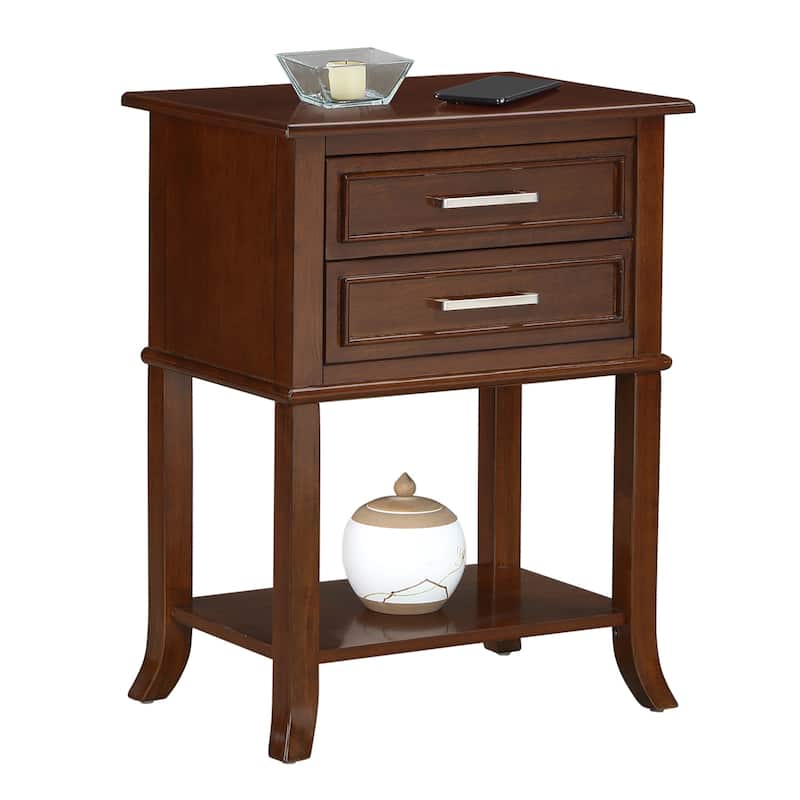 2 Drawer End Table with Shelf Transitional Storage Nightstand Solid Wood Legs Flared Base Beveled Edge Accent Table - 22