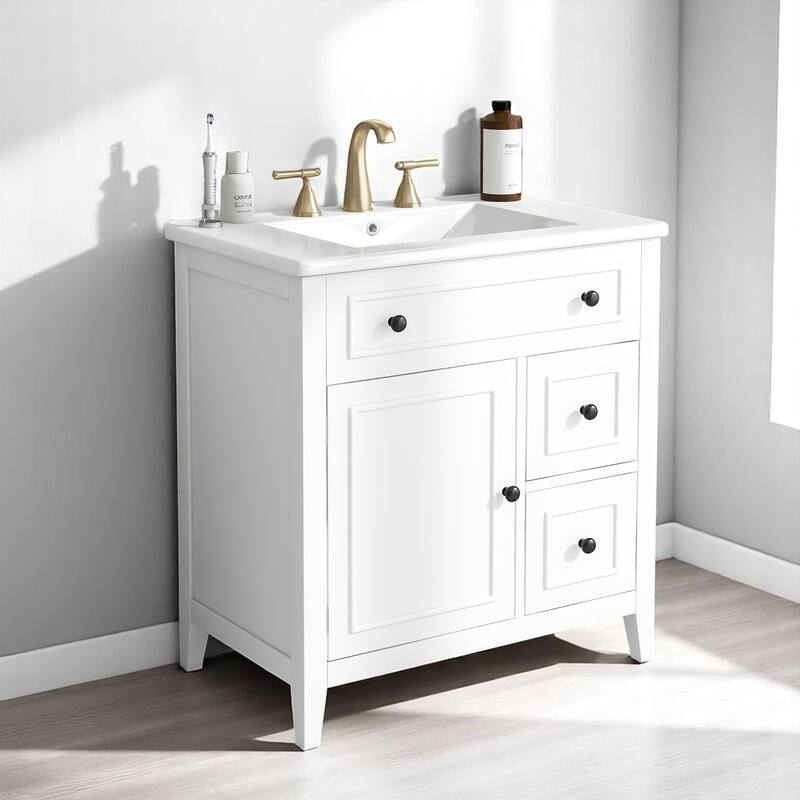 30" Modern Bathroom Vanity with Sink Top, Cabinet with Raised Panel Design and Dual Drawers, Painted Finish - White