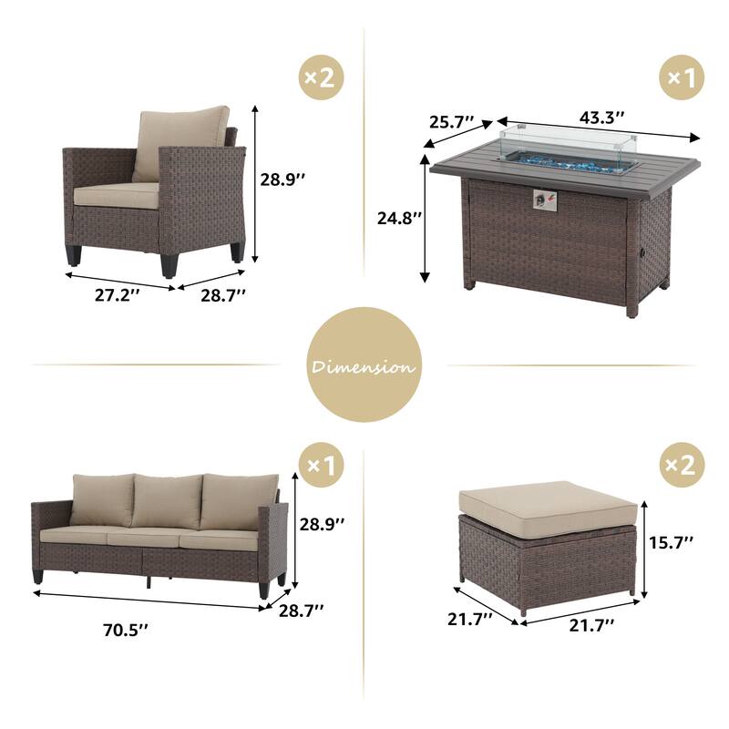 Outdoor 6 Pieces Wicker Sectional Sofa Set with Fire Pit Table