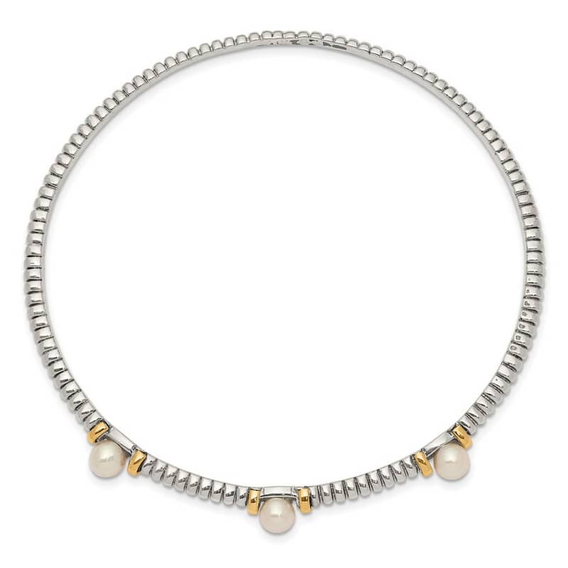 Curata Sterling Silver 14k Gold Accent 5mm Freshwater Pearl Station Slip on Bangle Bracelet