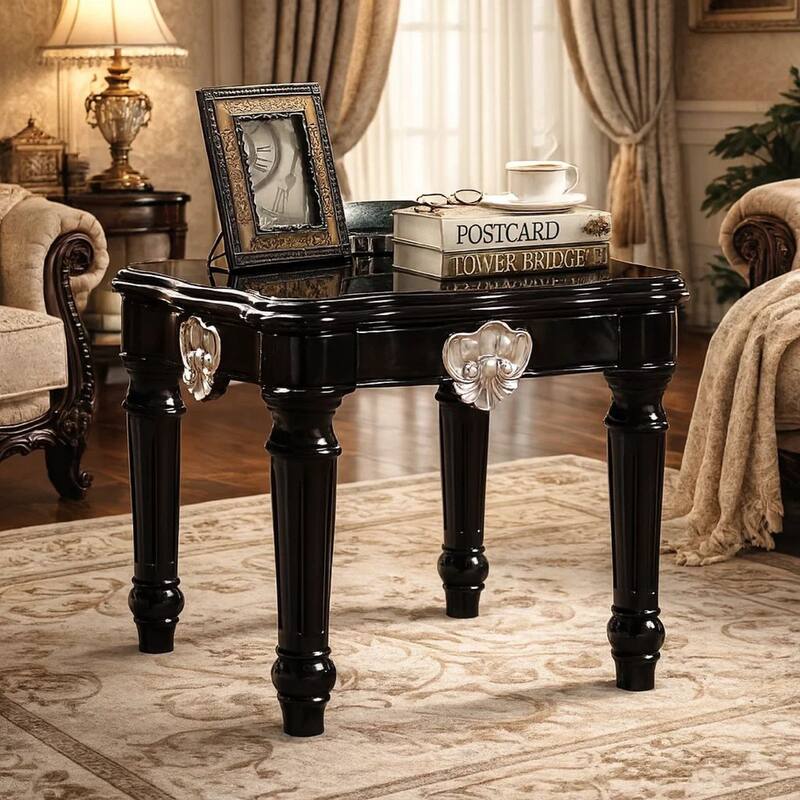 Wooden End Table With Contrast Carved Motif Turned Legs, Black