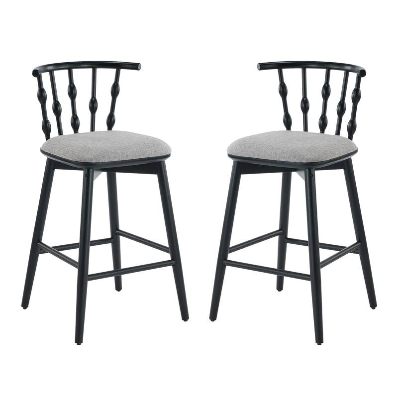 Doria Indoor Wooden Barstool, Black Finish With Grey Upholstery, Set of 2