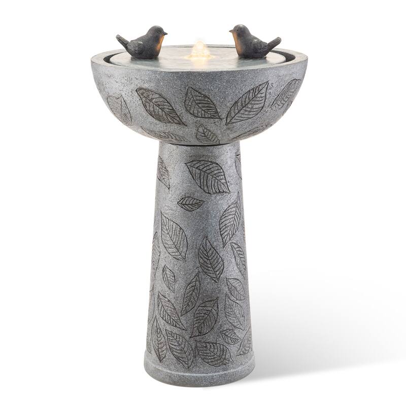 Glitzhome Birdbath Polyresin Outdoor Fountain with Birds, Pump and LED Light