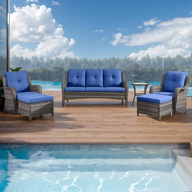 Gymojoy Outdoor Sofa Chair Ottoman Seating with Cushions - Grey - Blue