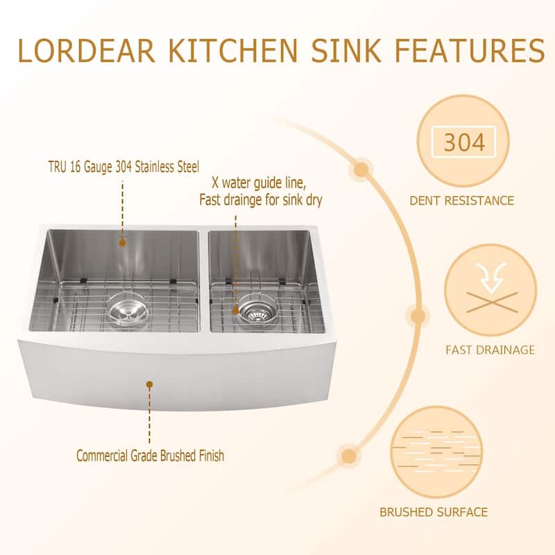 Mother's Day gift: Lordear 33 Inch Kitchen Sink Double Bowl 60/40 Stainless Steel 16 Gauge Round Corner Farm Kitchen Sink