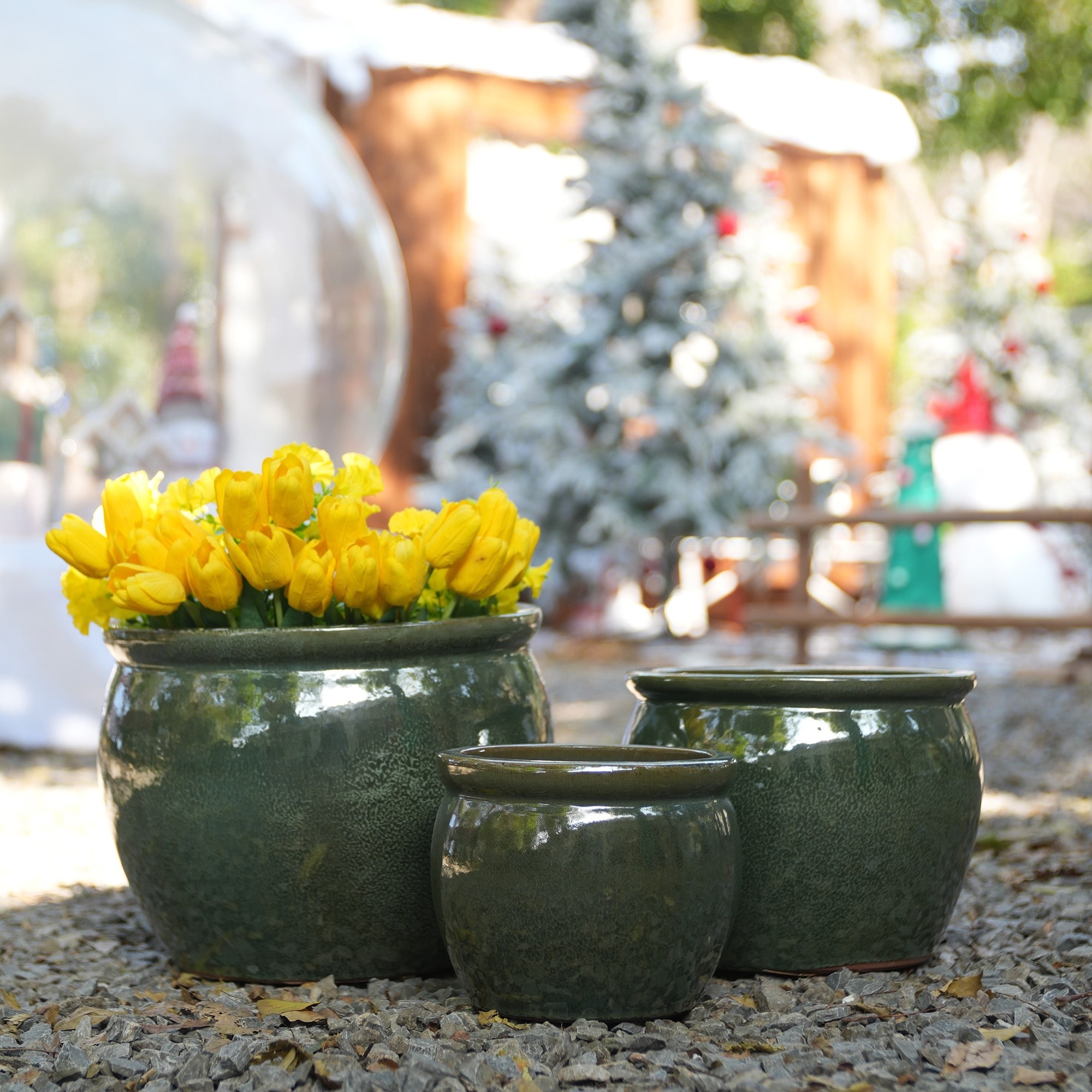 Handmade Dark Green Glazed Ceramic Planter Set of 3, 15/12/9 Inch Diameter