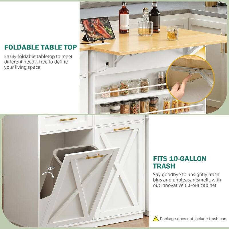 Moasis 39" Kitchen Island Kitchen Storage with Power Socket and Tilt Out Trash Bin Storage Cabinet