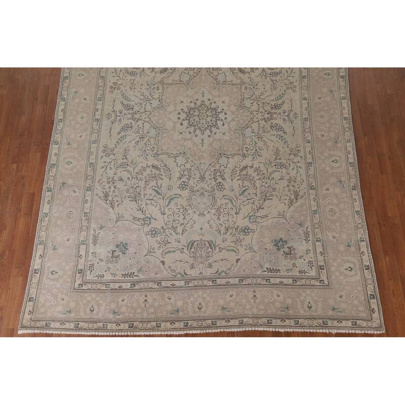Hand Knotted Oriental 100% Wool Carpet Traditional Floral Beige & Ivories Tabriz Area Rug - 12' 11'' X 9' 6''
