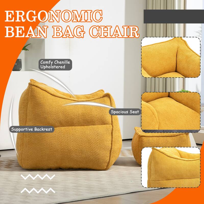 Boucle Upholstered Deep Seat Armless Square Bean Bag Chair with Ottoman
