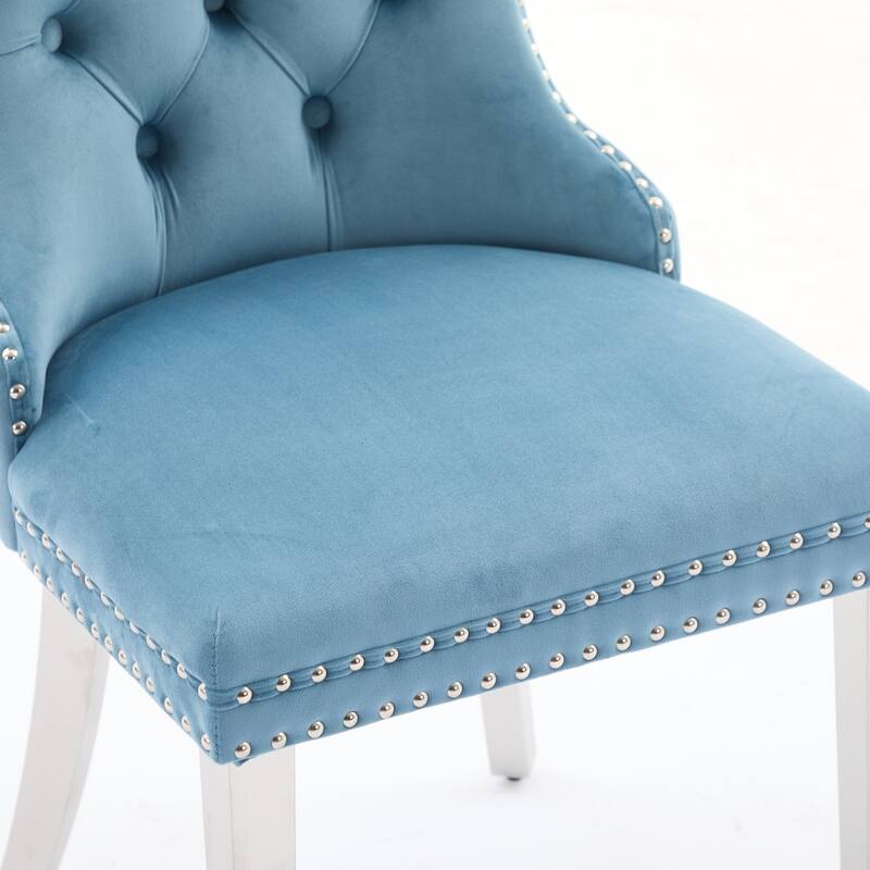 Modern Tufted Velvet Dining Chair with Chrome Stainless Steel Plating Legs and Nailhead Trim, for Dining Room, Light Blue