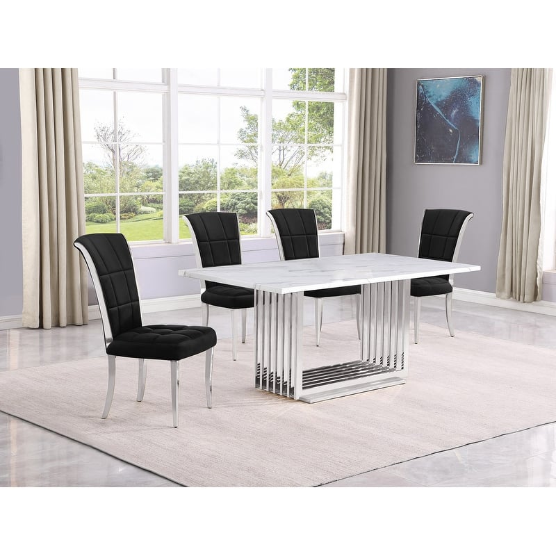 Best Quality Furniture D310/1-SC320-7 Dining Set with 68" White Marble Top - 5-Piece - Black / Silver