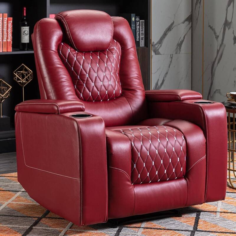 Leather Electric Power Recliner Chair with USB Ports and Cup Holders - Red