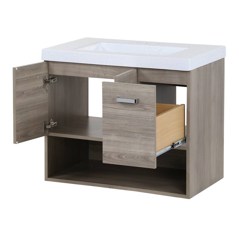 Inna 30" Floating Bathroom Vanity With Drawer, Open Shelf, and Sink Top