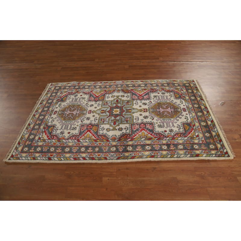 Hand Knotted Oriental 100% Wool Carpet Traditional Geometric Beige & Ivories Heriz (serapi) Area Rug - 6' 2'' X 3' 10''