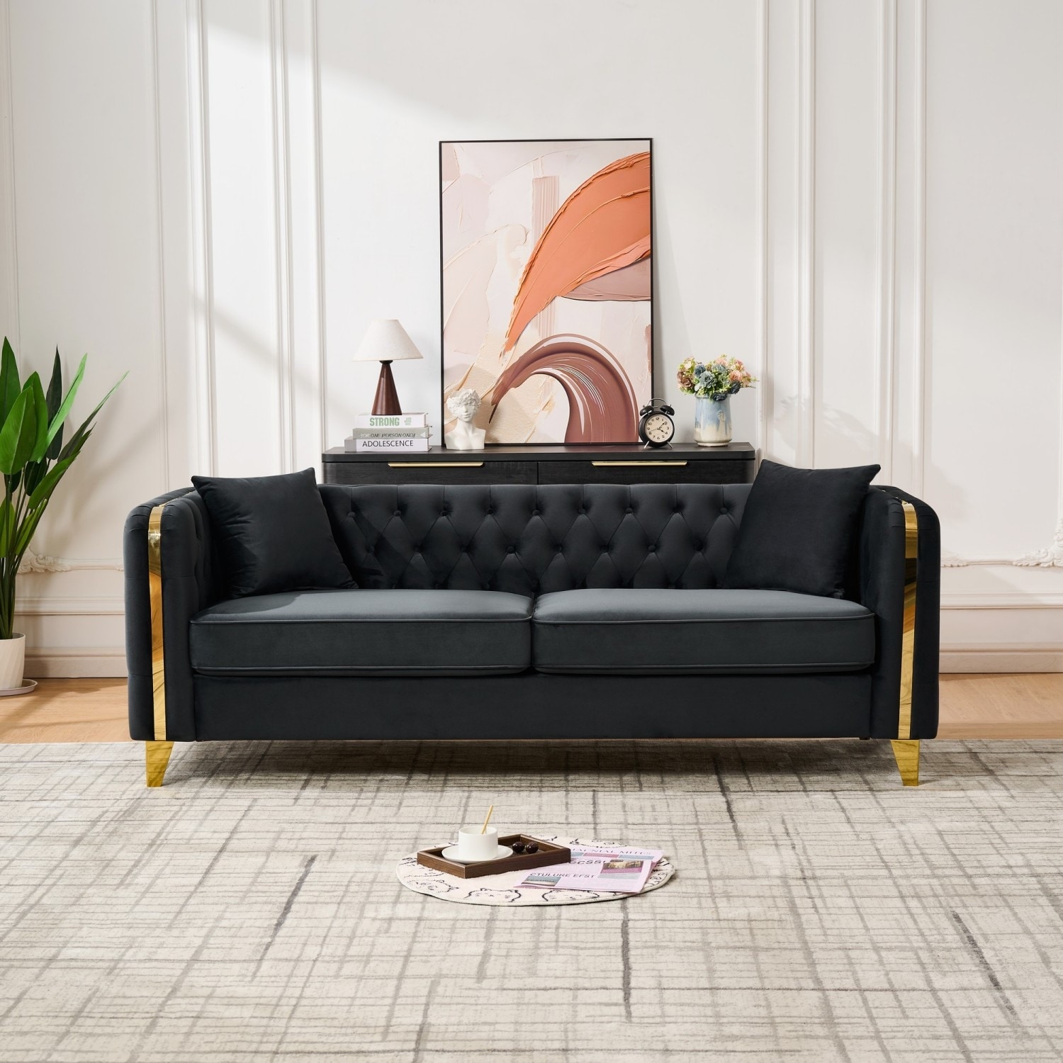 81" Velvet Button Tufted 2-Seater Sofa with Gold Legs