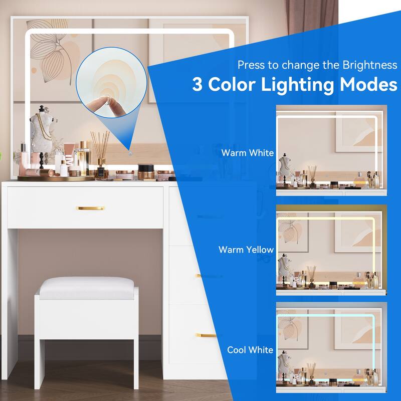 Moasis Vanity Set with Led Lights Makeup Desk Dressing Dresser Desk Table with 4 Drawer - 35.43''L x 15.74''W x 53.54''H