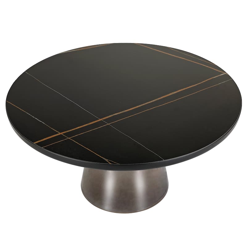30-Inch Round Coffee Table Glass/Stone Tabletop with Black Iron Rim Frame Glass Pedestal Base