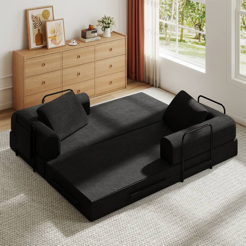 Convertible Sleeper Sofa Bed, Corduroy Folding Sleeper Couch with Pillow, Boneless Couch for Living Room, Floor Lounge Sofa