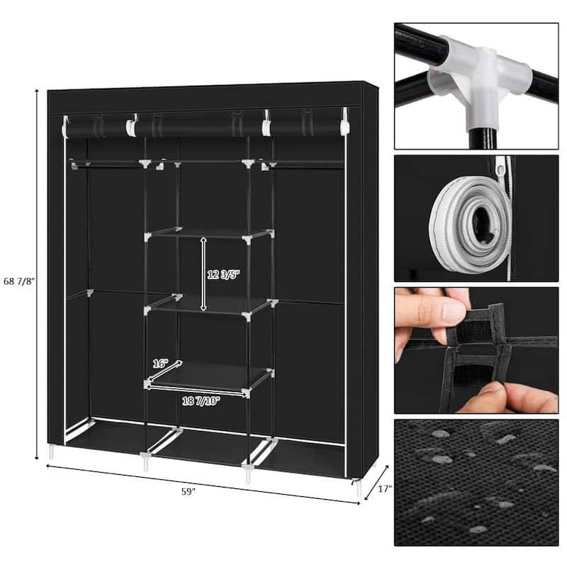 Portable Closet Organizer Wardrobe Storage Organizer with Cover Shelves Black