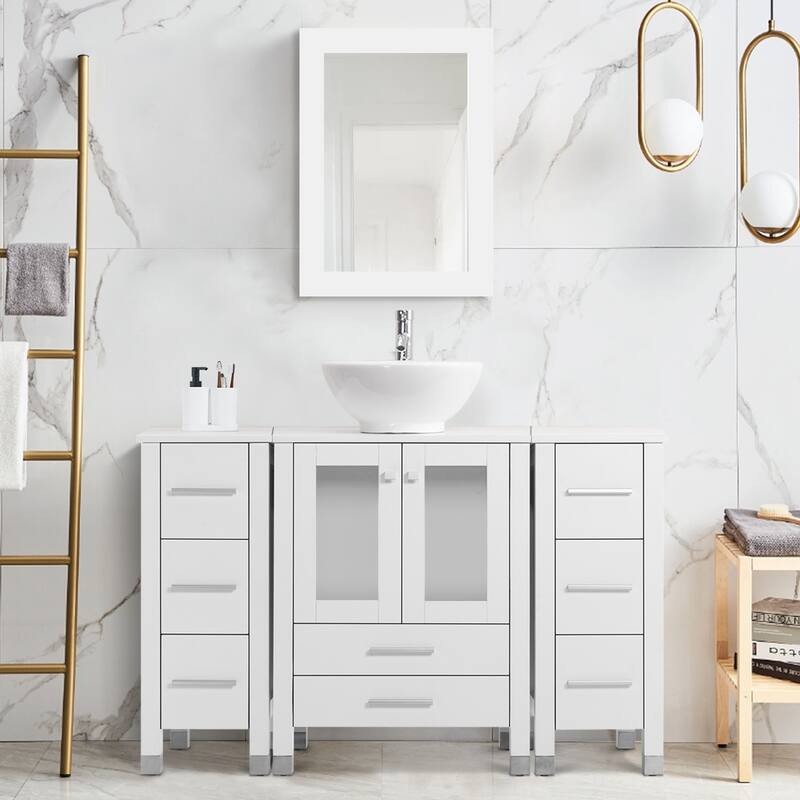 48" Bathroom Vanity with Sink Set Side Cabinet Combo - White - W-Ceramic round sink