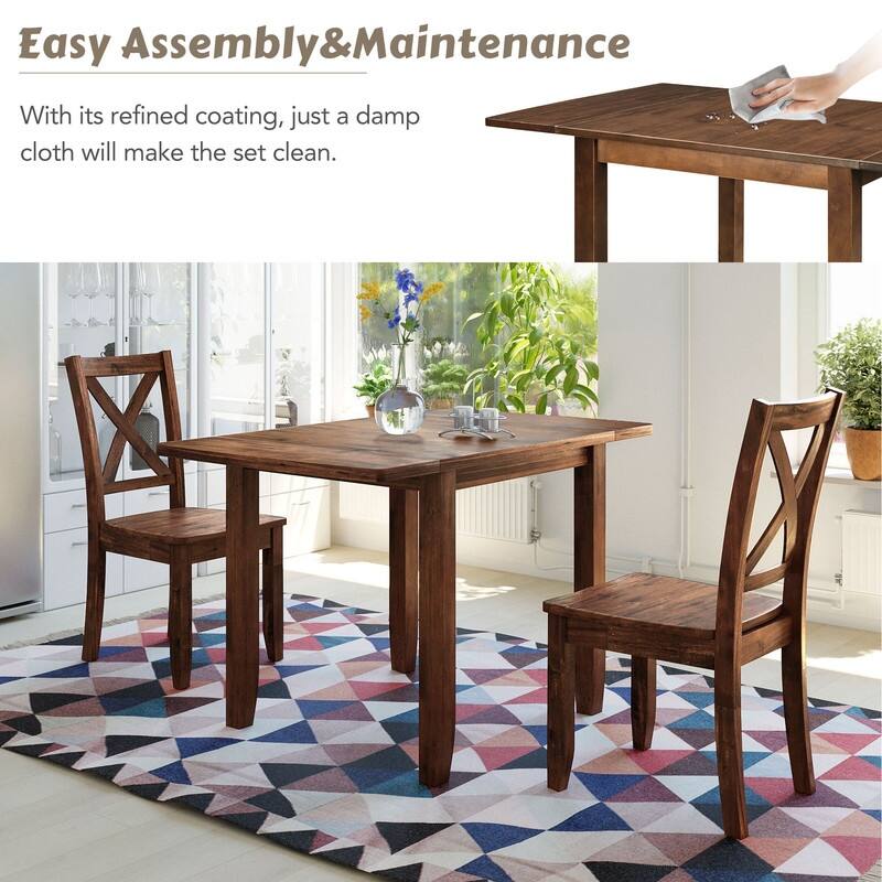 3-Piece Wood Drop Leaf Breakfast Nook Dining Table Set with 2 X-back Chairs for Small Places