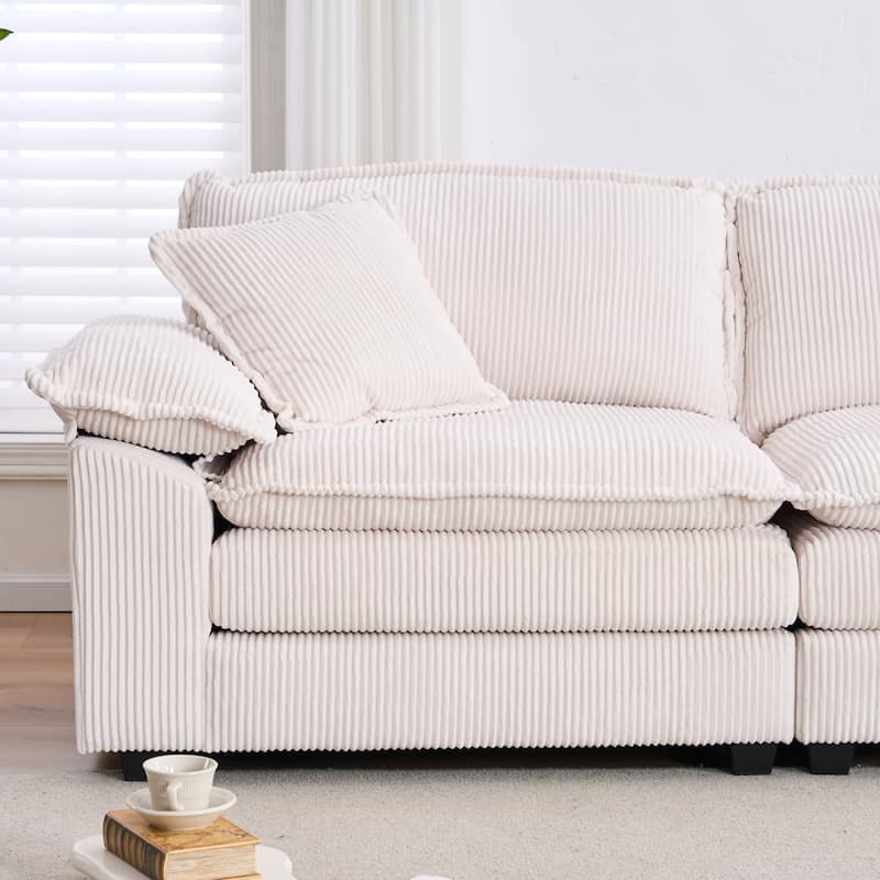 2-Seat Corduroy Sofa with Back Pillows and Ottomans, White, Comfortable Living Room Couch