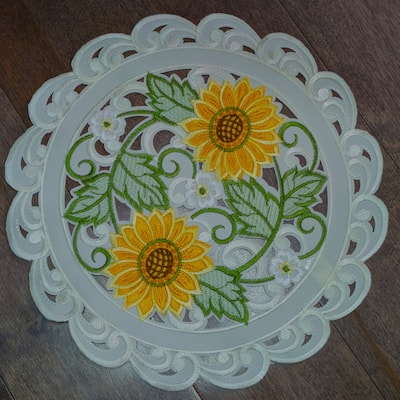 Sunflower Embroidered Cutwork Round Placemat, 12"