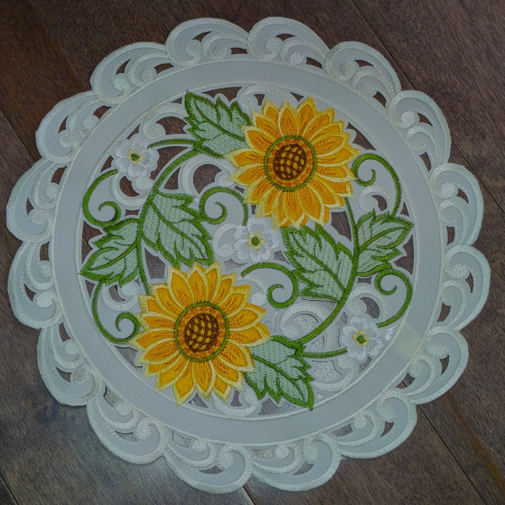 Sunflower Embroidered Cutwork Round Placemat, 12"
