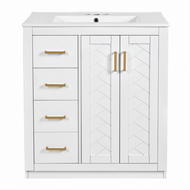 30" Bathroom Vanity with Ceramic Sink - Solid Wood Frame, 3 Drawers & 2 Soft-Close Doors - Modern Freestanding Storage Cabinet
