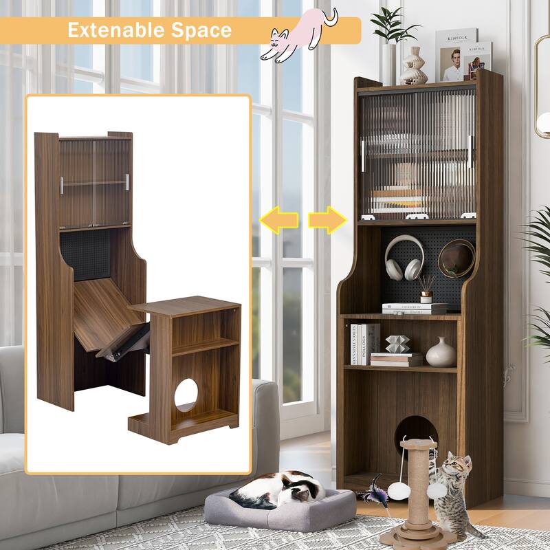 Folding Storage Cabinet Convertible Student Desks with Bookcase, Cat Sratcher and Round Hole All-in-one Writing Desk Corner Desk
