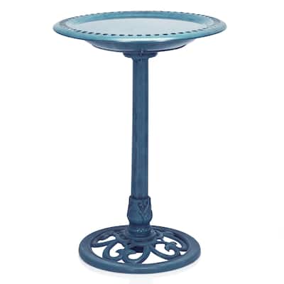Blue Pedestal Birdbath with Scrollwork Base and Ground Stakes