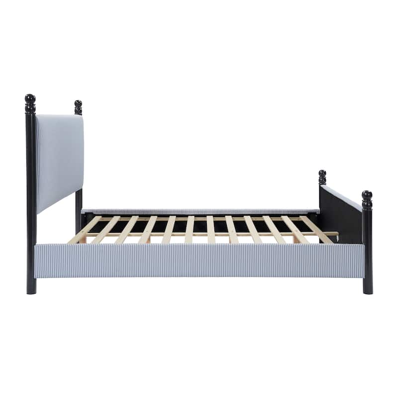 Christopher Knight Home - Modern Striped Upholstered Wood Bed Frame with High Padded Headboard & Soundproofed