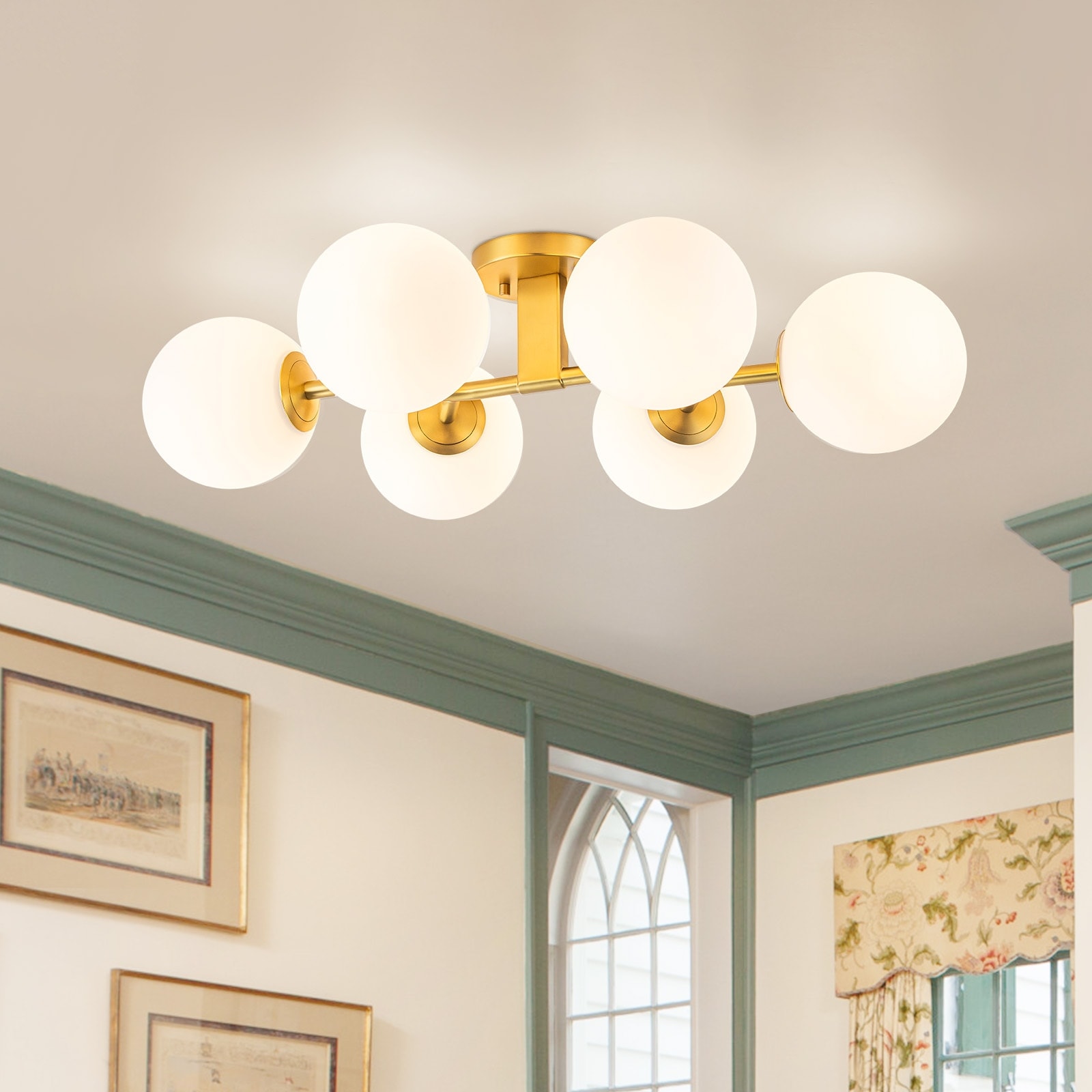 Mid-Century Modern Branch Sputnik Semi Flush Mount Light with Milk Glass Globes - W26.61''